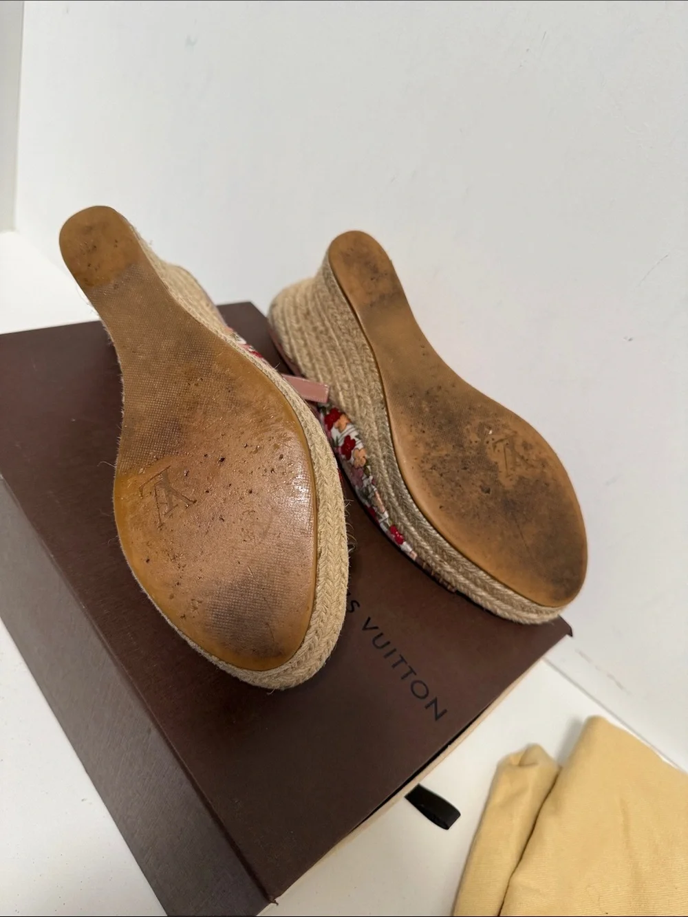 Louis Vuitton Floral Canvas Espadrille Wedge Sandals in Red, Pink and Brown